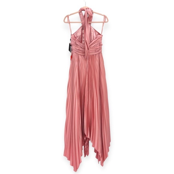 Mac Duggal NEW Rose Pink Pleated Halter Neck Asymmetrical Hem Satin Gown Size 18 - Picture 8 of 15